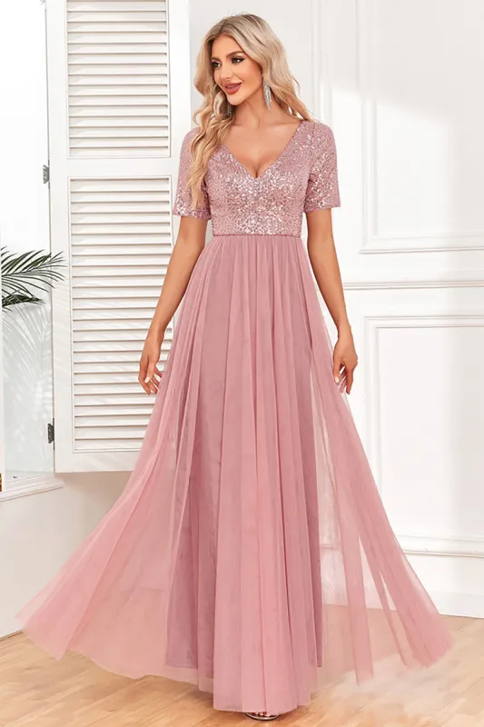 Dusty Rose A-Line V Neck Tulle Formal Dress with Short Sleeves sold by Zapaka