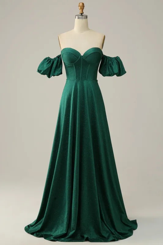 A Line Off the Shoulder Dark Green Long Prom Dress sold by Zapaka