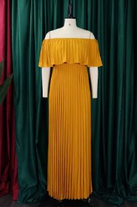Yellow Pleated Plus Size Long Wedding Guest Dress sold by Zapaka