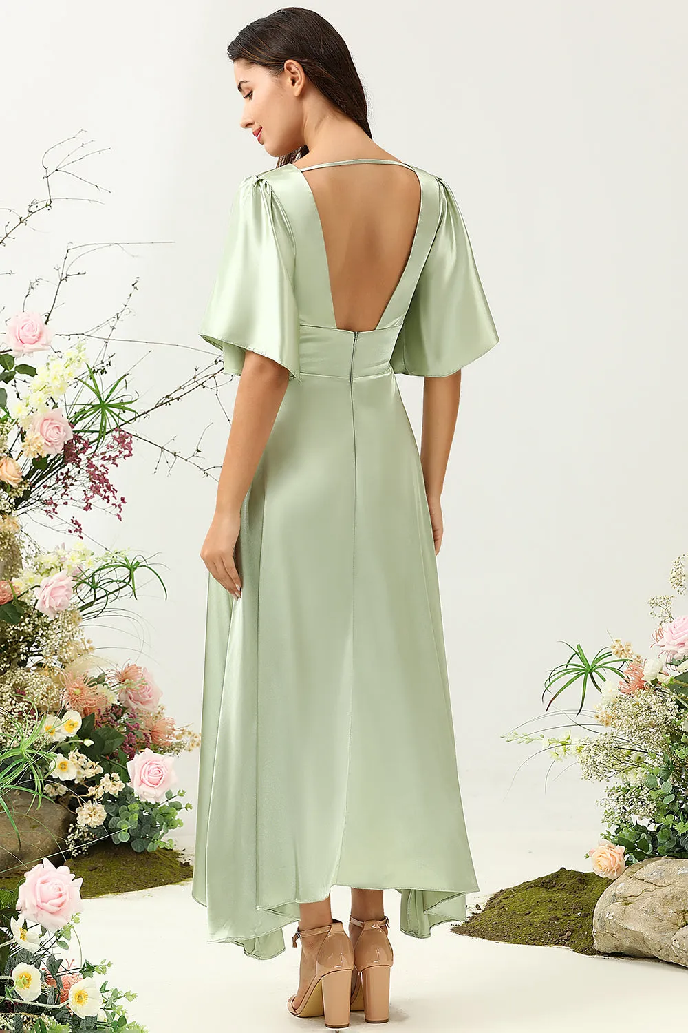 A Line Deep V Neck Light Green Wedding Guest Dress with Half Sleeves sold by Zapaka product image thumbnail 2