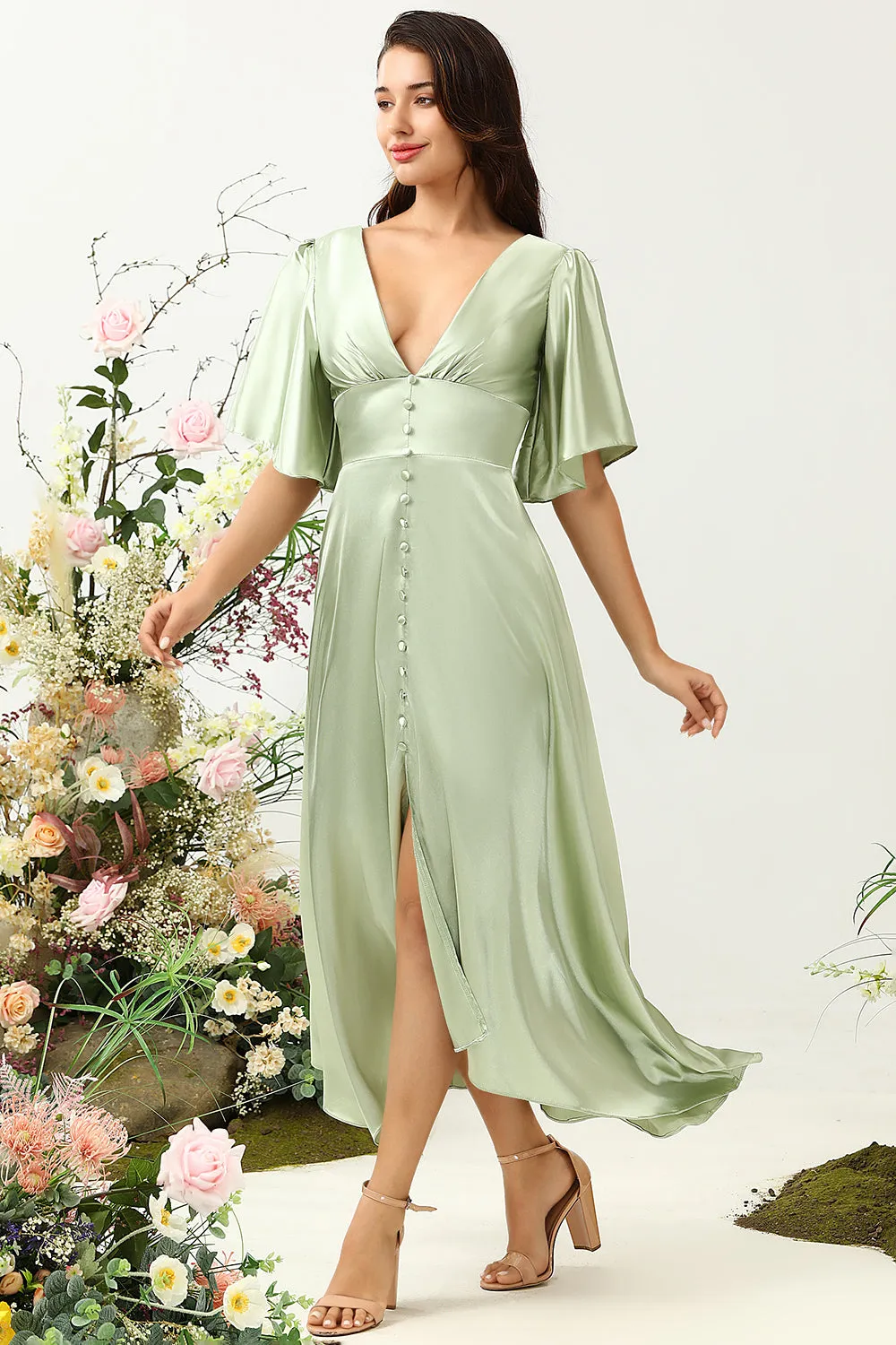 A Line Deep V Neck Light Green Wedding Guest Dress with Half Sleeves sold by Zapaka