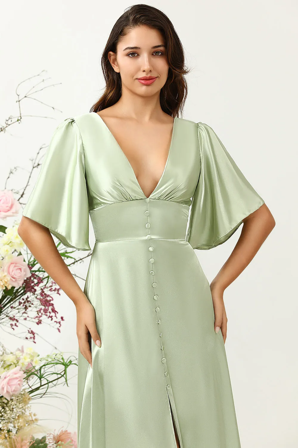 A Line Deep V Neck Light Green Wedding Guest Dress with Half Sleeves sold by Zapaka product image thumbnail 4