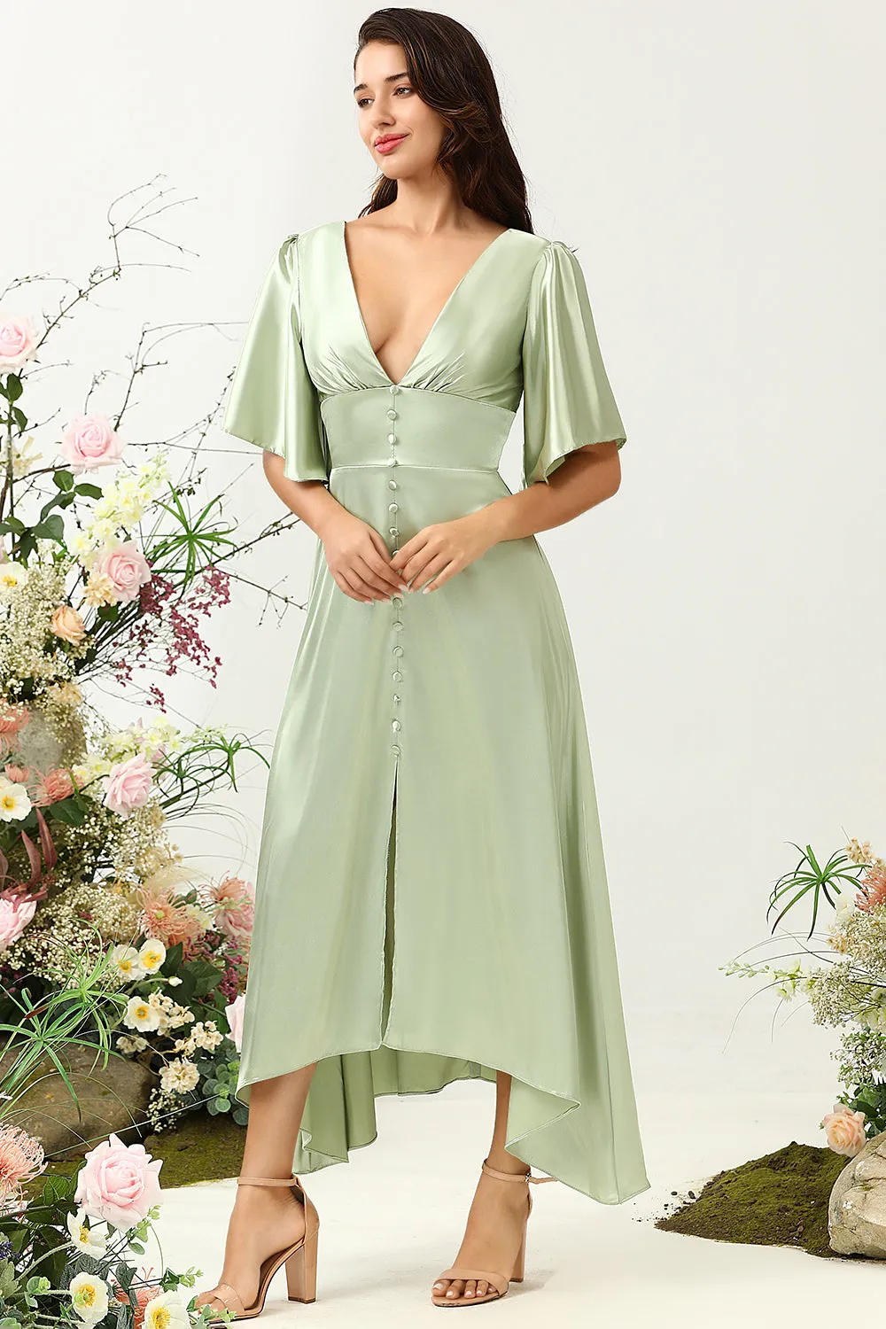 A Line Deep V Neck Light Green Wedding Guest Dress with Half Sleeves sold by Zapaka product image thumbnail 3