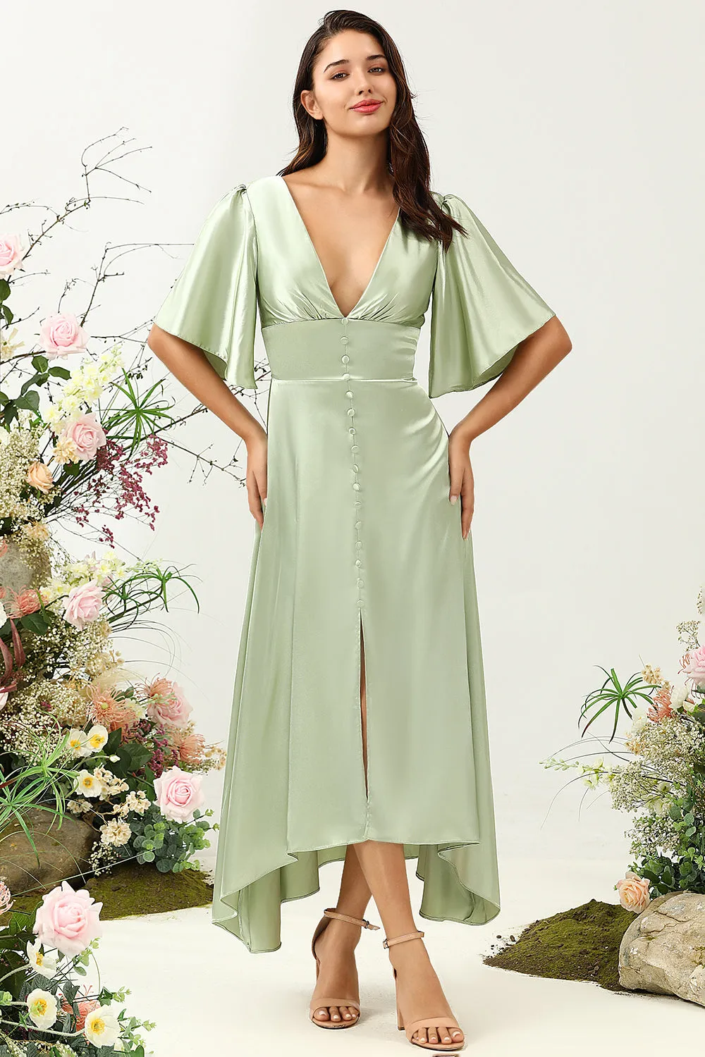 A Line Deep V Neck Light Green Wedding Guest Dress with Half Sleeves sold by Zapaka product image thumbnail 5