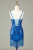 Sparkly Bodycon Spaghetti Straps Blue Sequins Short Homecoming Dress with Tassel sold by Zapaka