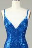 Sparkly Bodycon Spaghetti Straps Blue Sequins Short Homecoming Dress with Tassel sold by Zapaka