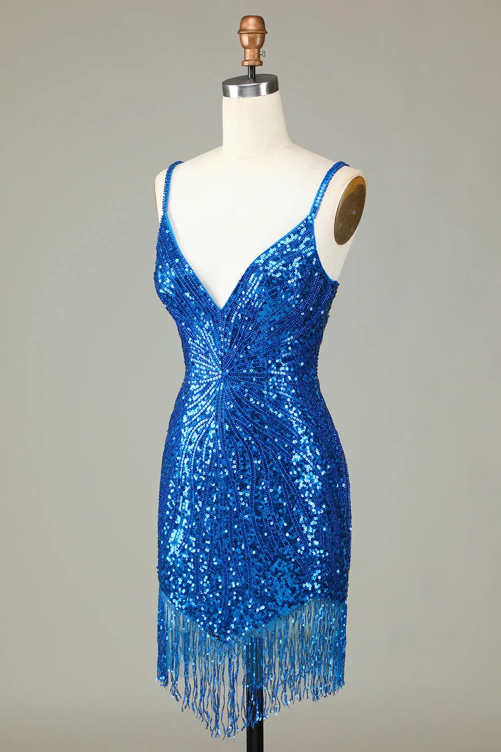 Sparkly Bodycon Spaghetti Straps Blue Sequins Short Homecoming Dress with Tassel sold by Zapaka product image thumbnail 3