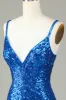 Sparkly Bodycon Spaghetti Straps Blue Sequins Short Homecoming Dress with Tassel sold by Zapaka
