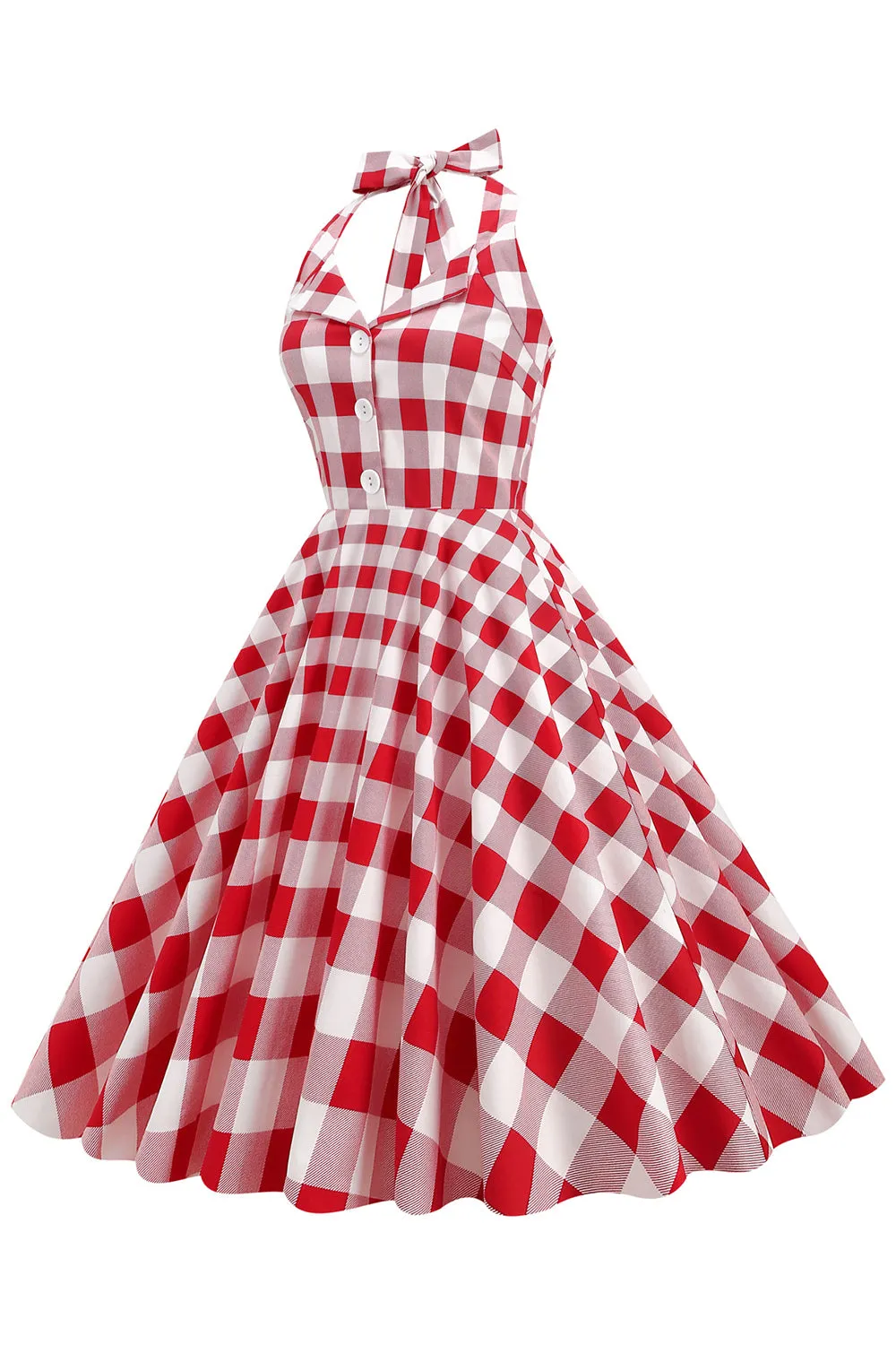 Red Plaid Halter 1950s Swing Dress sold by Zapaka product image thumbnail 3