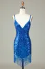 Sparkly Bodycon Spaghetti Straps Blue Sequins Short Homecoming Dress with Tassel sold by Zapaka