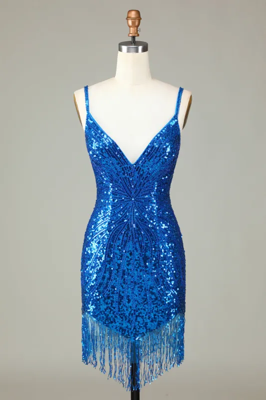 Sparkly Bodycon Spaghetti Straps Blue Sequins Short Homecoming Dress with Tassel sold by Zapaka