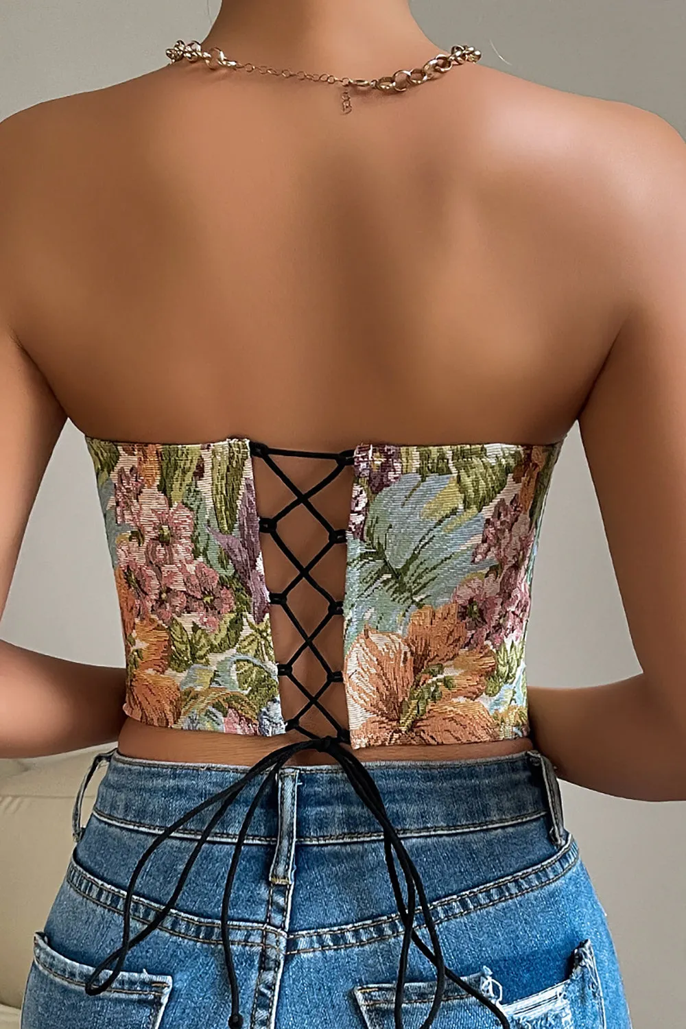 Flower Jacquard Sweetheart Lace-up Back Corset Top sold by Zapaka product image thumbnail 2