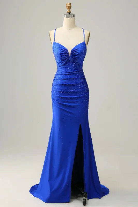 Mermaid Spaghetti Straps Royal Blue Long Formal Dress with Beading sold by Zapaka