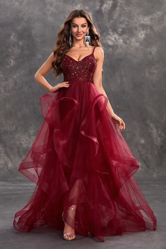 Sparkly Burgundy A-Line Ruffle Tiered Long Prom Dress with Sequins sold by Zapaka