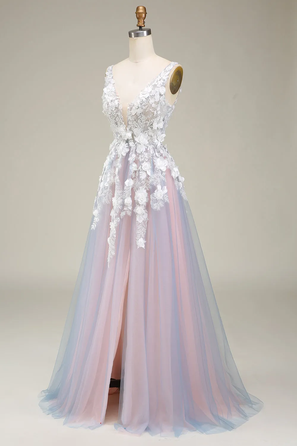 Gorgeous A Line Deep V Neck Grey Pink Long Prom Dress with Appliques sold by Zapaka product image thumbnail 3