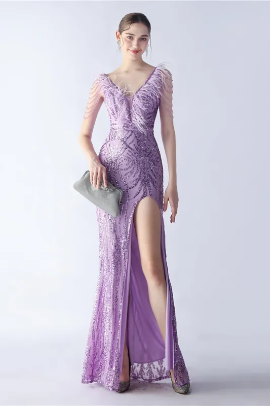 Lilac Mermaid V Neck Sequin and Beaded Ostrich Feathers Evening Dress With Slit made by Zapaka
