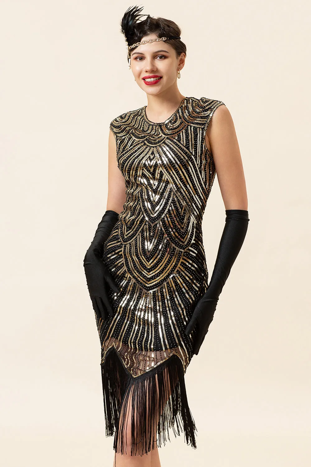 Black and Golden Cap Sleeves Sequined Fringes 1920s Gatsby Flapper Party Dress with 20s Accessories Set sold by Zapaka product image thumbnail 5