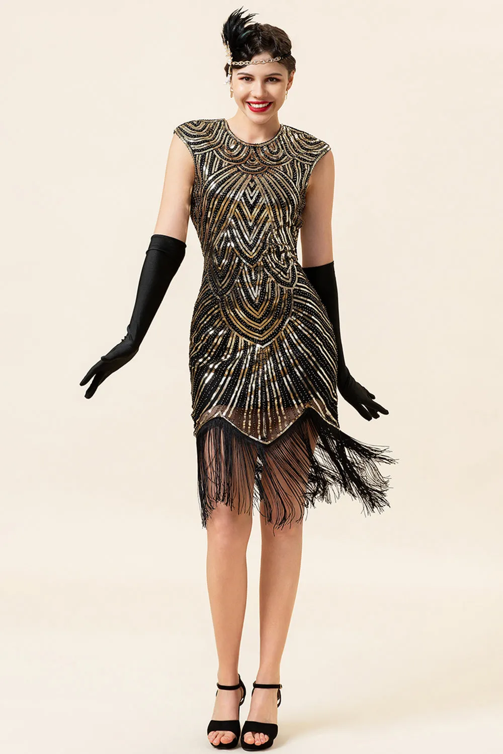 Black and Golden Cap Sleeves Sequined Fringes 1920s Gatsby Flapper Party Dress with 20s Accessories Set sold by Zapaka product image thumbnail 2