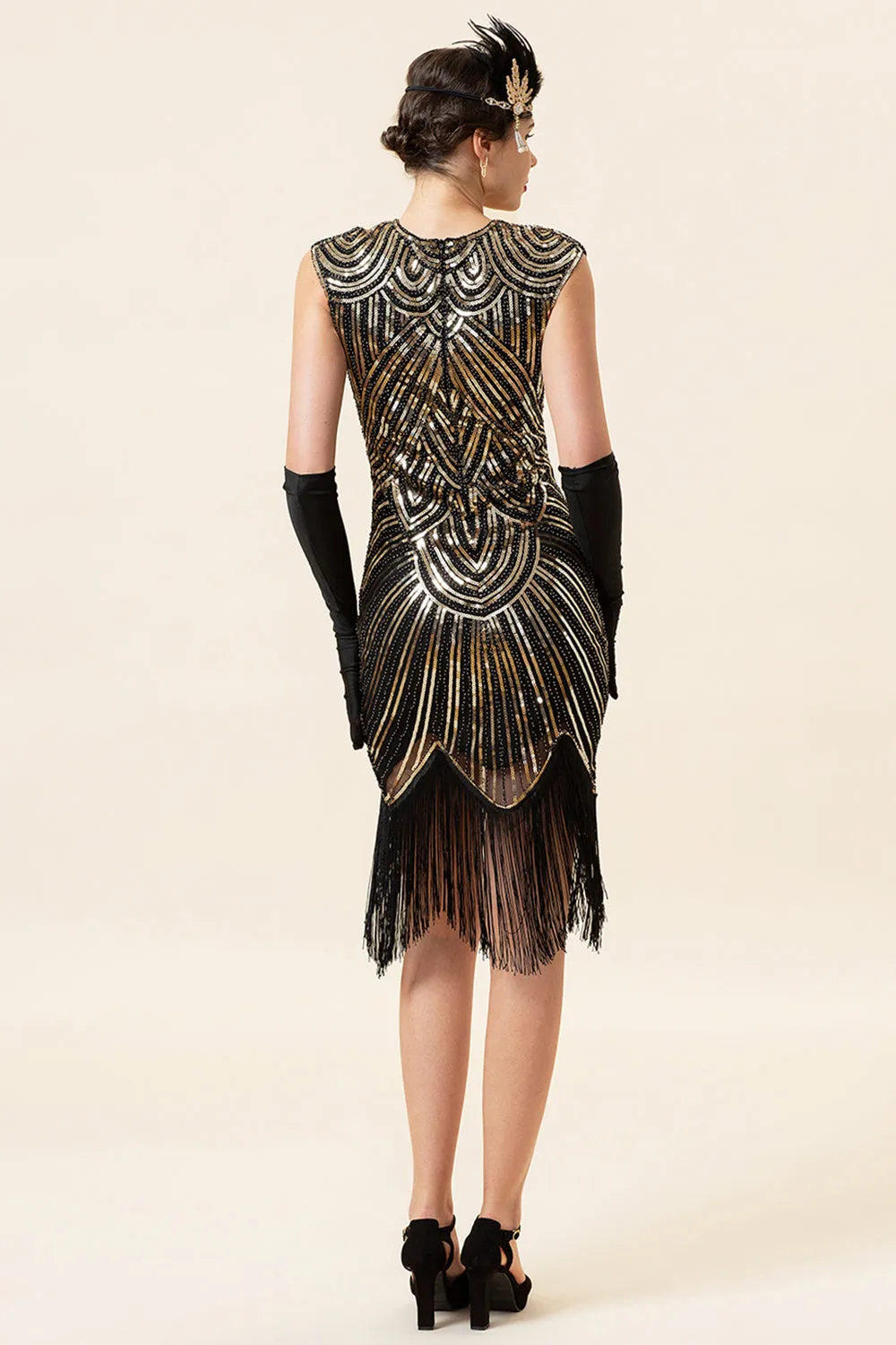 Black and Golden Cap Sleeves Sequined Fringes 1920s Gatsby Flapper Party Dress with 20s Accessories Set sold by Zapaka product image thumbnail 3