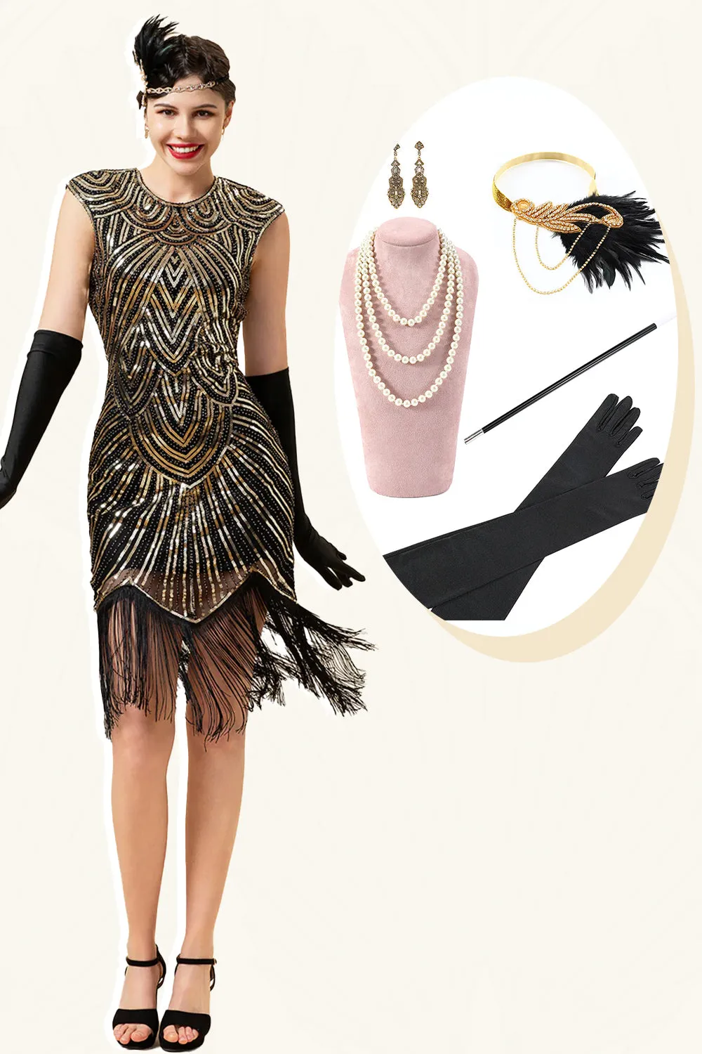 Black and Golden Cap Sleeves Sequined Fringes 1920s Gatsby Flapper Party Dress with 20s Accessories Set sold by Zapaka