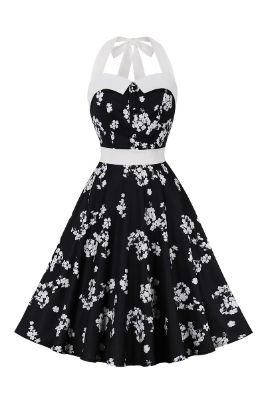 Halter Flower Printed Black 1950 Dress with Button sold by Zapaka