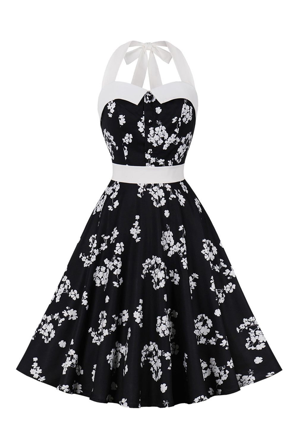 Halter Flower Printed Black 1950 Dress with Button sold by Zapaka