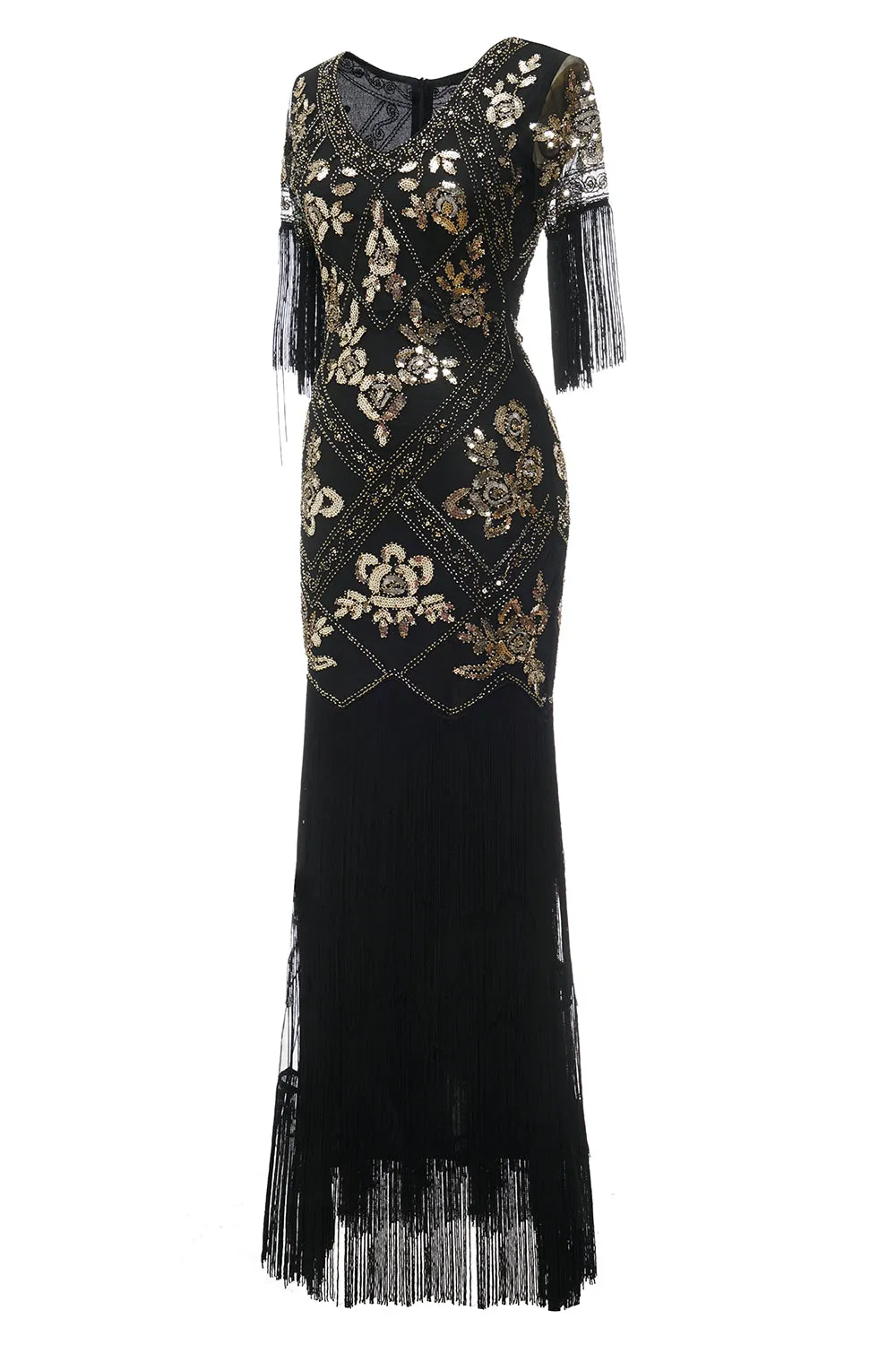 V Neck Black Long 1920s Flapper Dress with Sequins and Fringes sold by Zapaka product image thumbnail 3