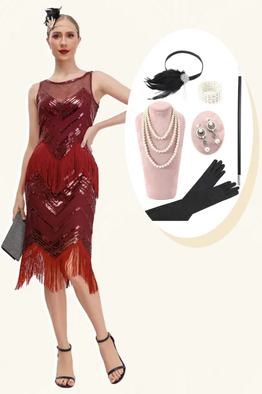 Fringes Red Sparkly 1920s Dress with Accessories Set sold by Zapaka