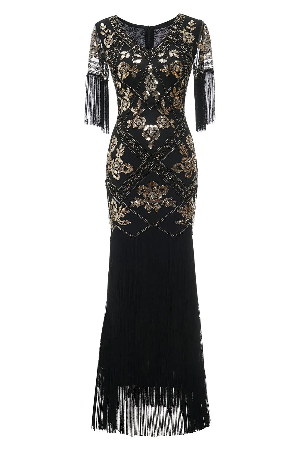 V Neck Black Long 1920s Flapper Dress with Sequins and Fringes sold by Zapaka