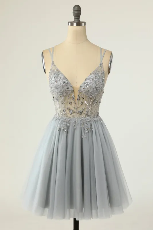 Gorgeous A Line Spaghetti Straps Grey Short Homecoming Dress with Beading sold by Zapaka