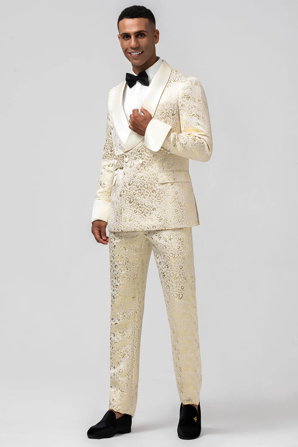 Glitter Champagne Shawl Lapel Jacquard 2 Piece Men's Prom Suits with Belt sold by Zapaka product image thumbnail 3