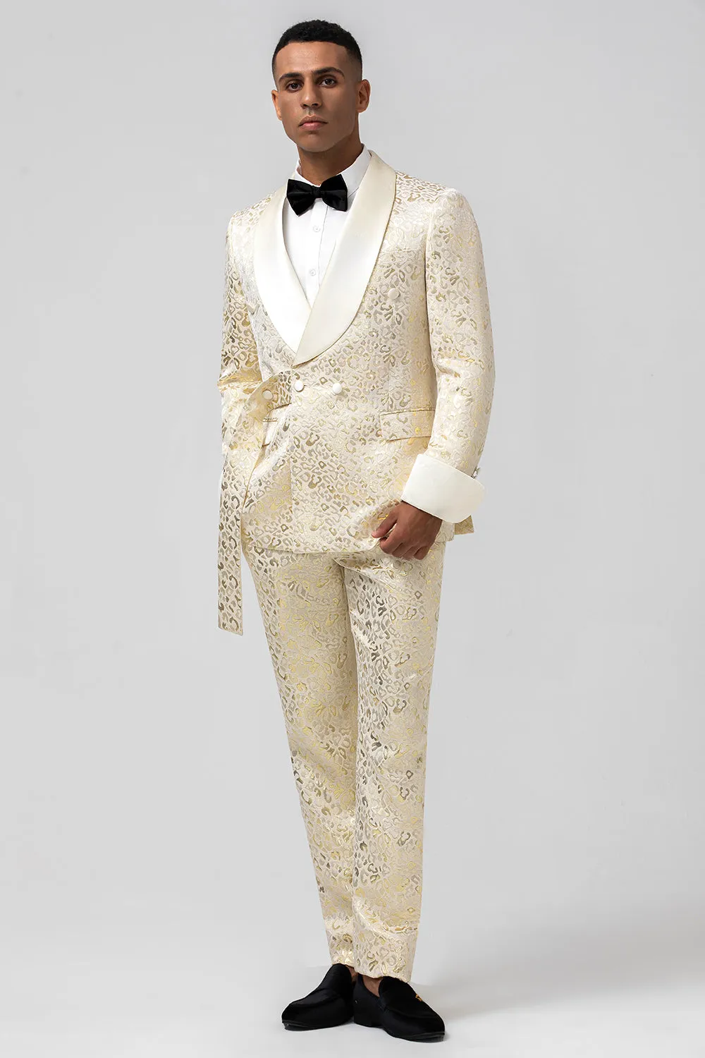 Glitter Champagne Shawl Lapel Jacquard 2 Piece Men's Prom Suits with Belt sold by Zapaka