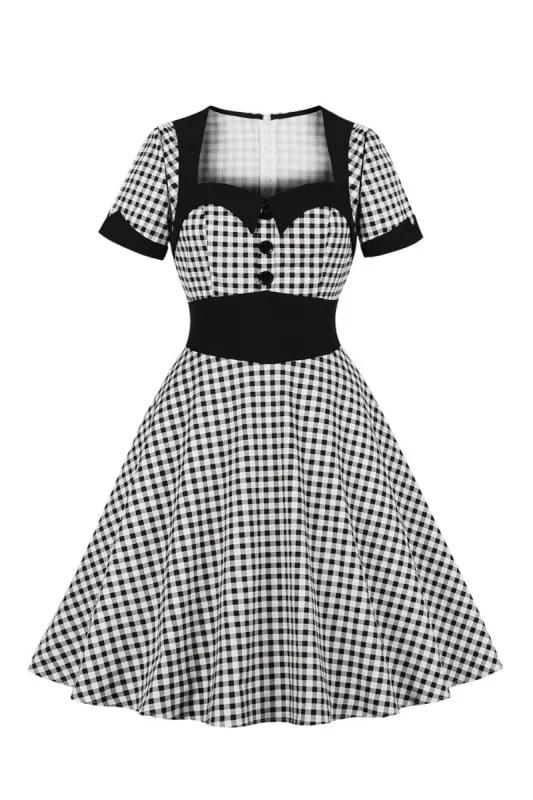 Sweetheart Short Sleeves Plaid Black Vintage Dress with Button sold by Zapaka