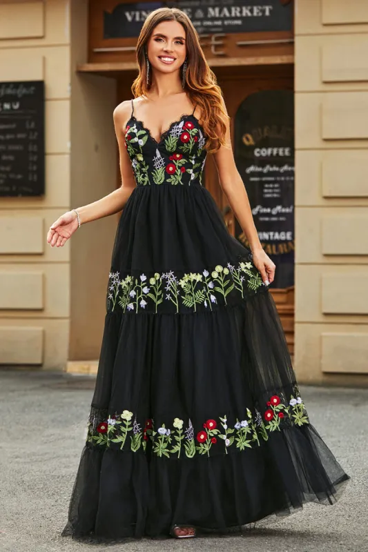 Gorgeous A Line Spaghetti Straps Black Long Prom Dress with Embroidery sold by Zapaka