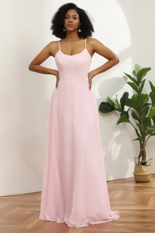 Spaghetti Straps Chiffon Pink Bridesmaid Dress sold by Zapaka
