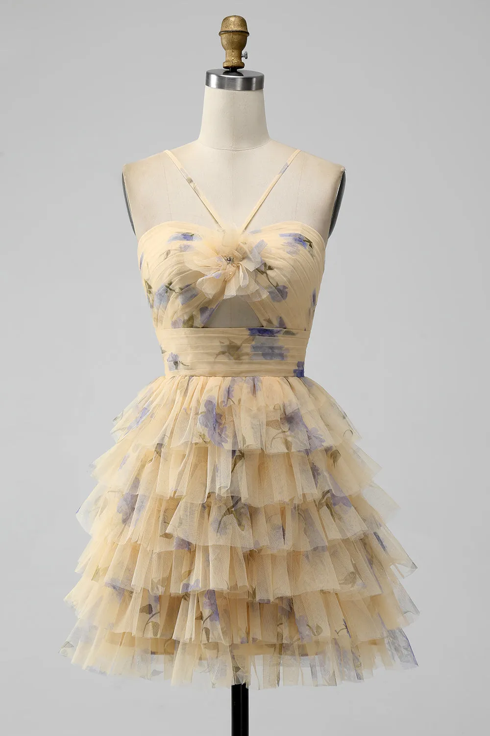Yellow A Line Halter Tiered Short Tulle Homecoming Dress sold by Zapaka
