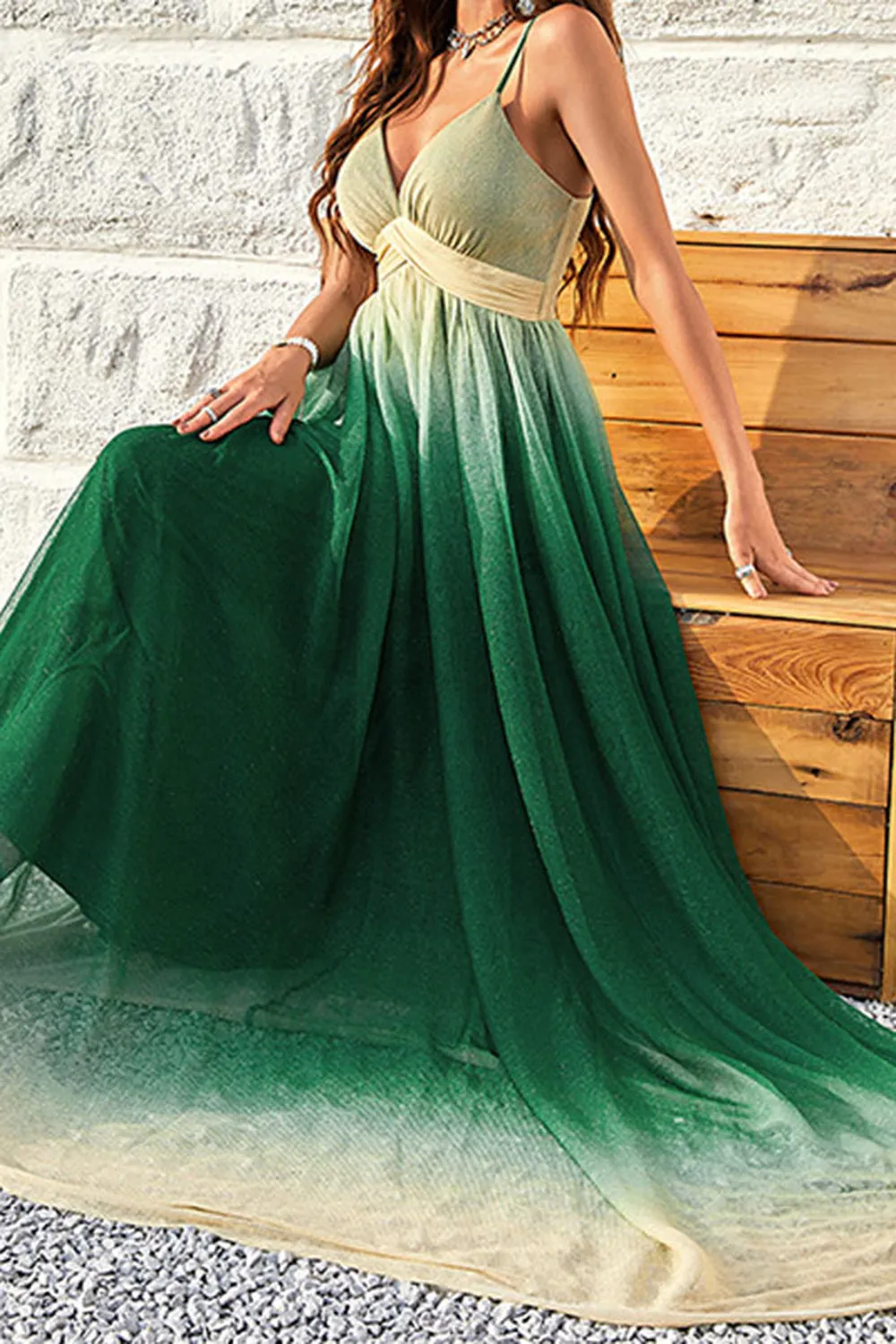 Green Gradient Spaghetti Straps A Line Prom Dress sold by Zapaka product image thumbnail 4
