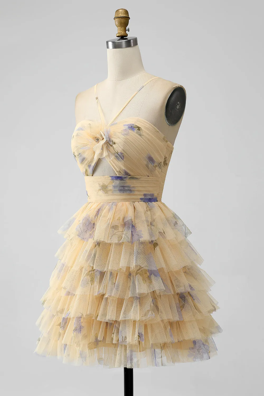 Yellow A Line Halter Tiered Short Tulle Homecoming Dress sold by Zapaka product image thumbnail 3