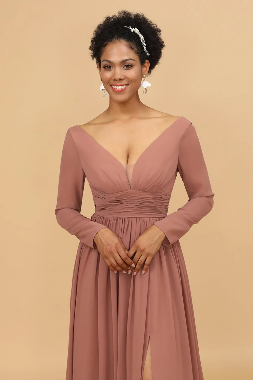 Blush V-Neck Long Sleeves Bridesmaid Dress sold by Zapaka product image thumbnail 3