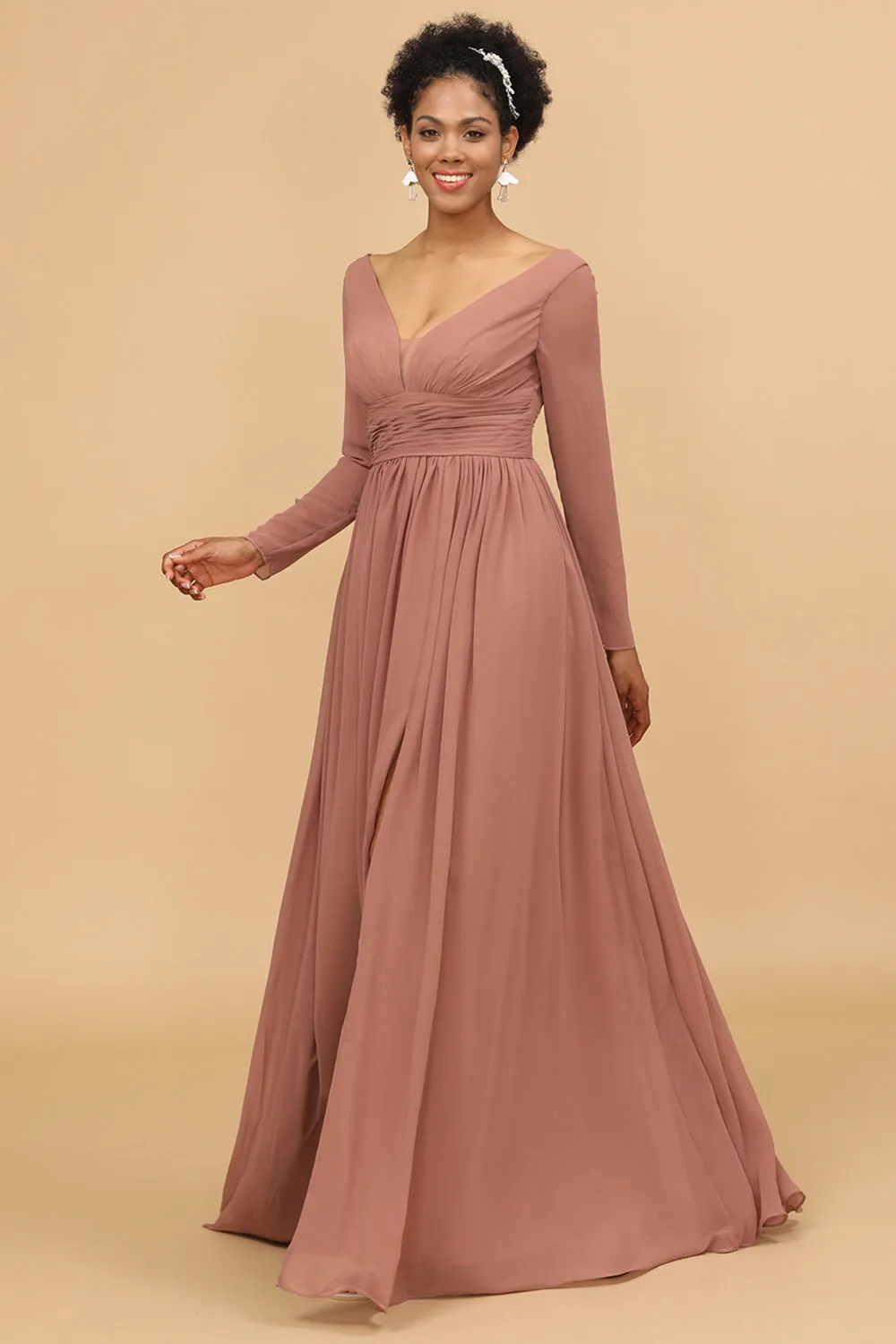 Blush V-Neck Long Sleeves Bridesmaid Dress sold by Zapaka product image thumbnail 4