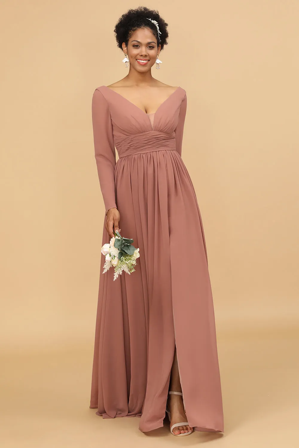Blush V-Neck Long Sleeves Bridesmaid Dress sold by Zapaka