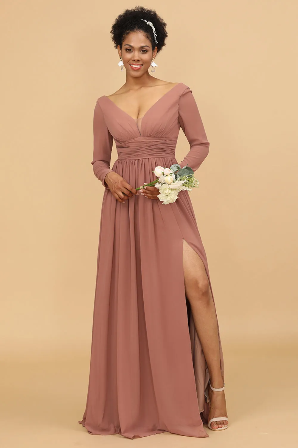 Blush V-Neck Long Sleeves Bridesmaid Dress sold by Zapaka product image thumbnail 5
