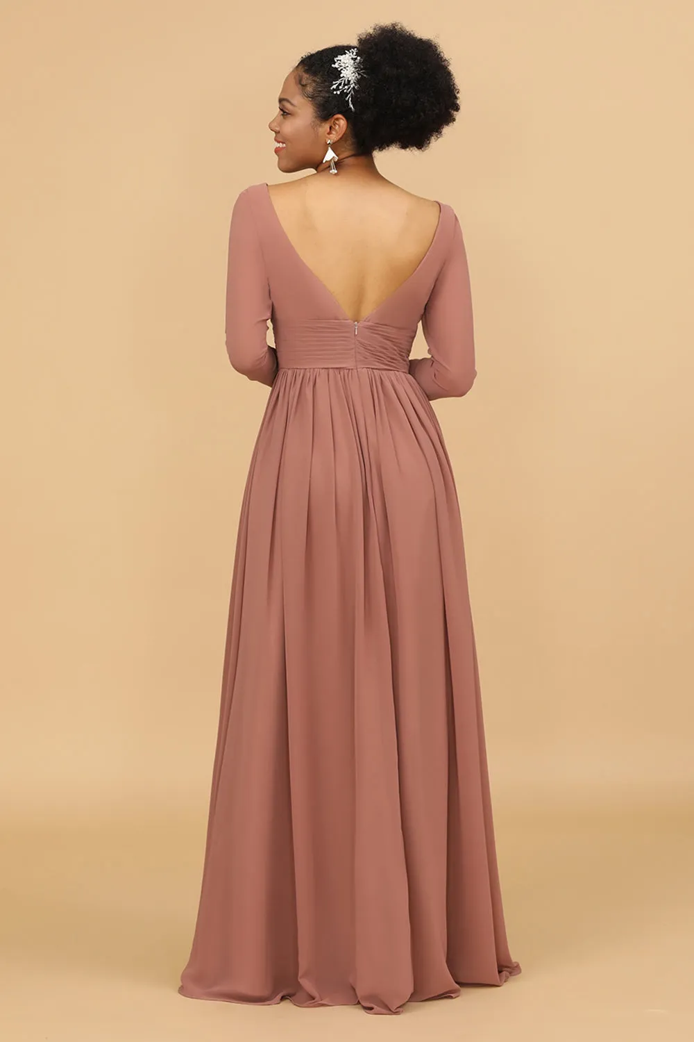 Blush V-Neck Long Sleeves Bridesmaid Dress sold by Zapaka product image thumbnail 2