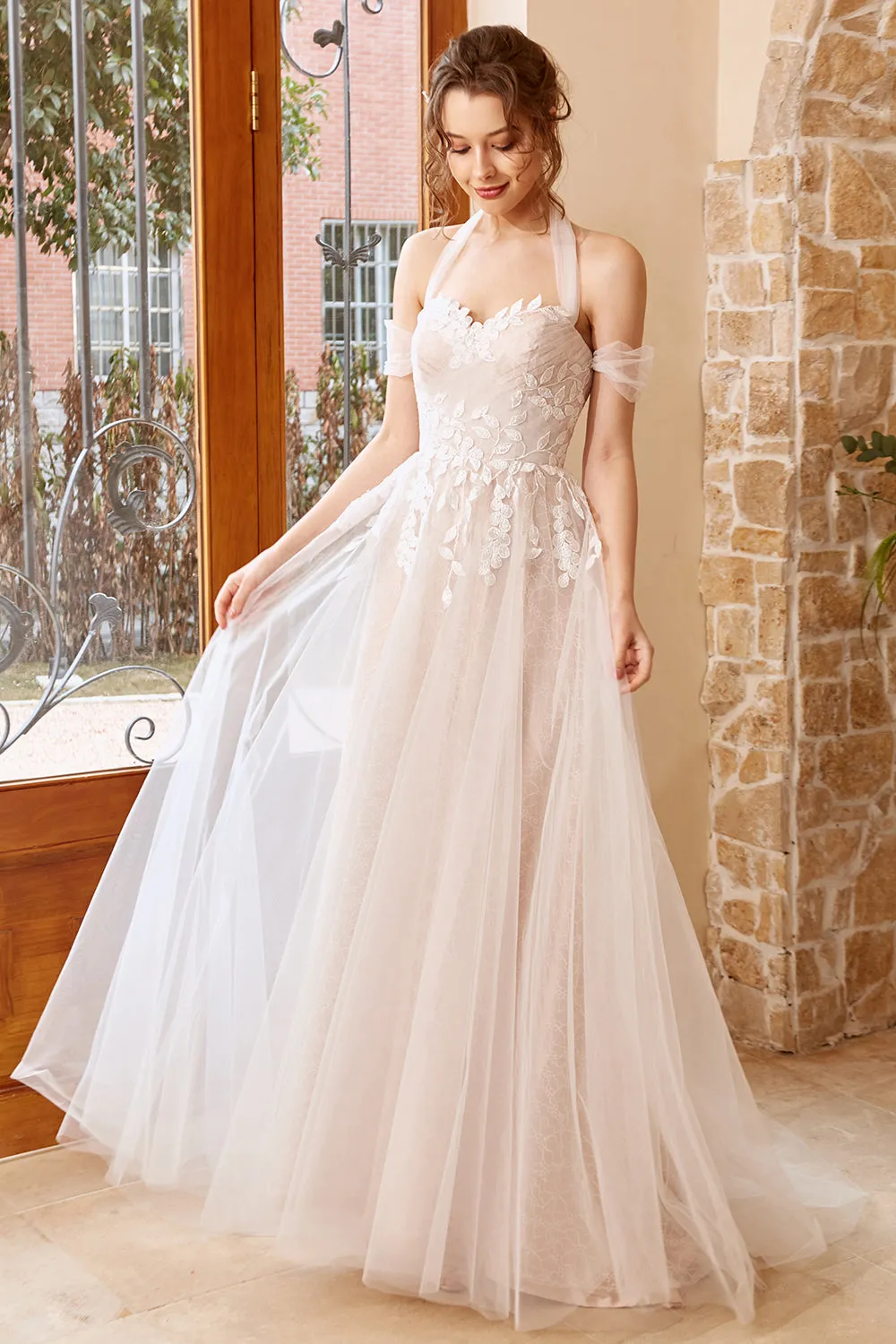 Elegant A Line Halter White Long Wedding Dress with Appliques sold by Zapaka product image thumbnail 3