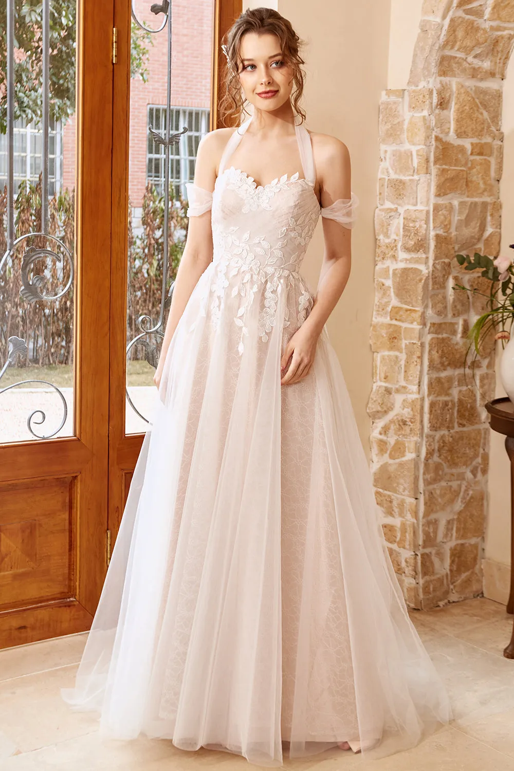 Elegant A Line Halter White Long Wedding Dress with Appliques sold by Zapaka