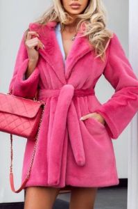 Fuchsia Lapel Neck Long Faux Fur Women Coat with Belt sold by Zapaka