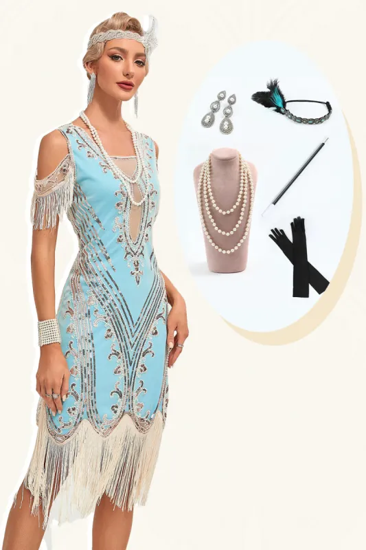Glitter Green Cold Shoulder Sequins Fringes 1920s Gatsby Dress with Accessories Set sold by Zapaka