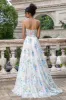 White Blue Flower A Line Sweetheart Corset Long Prom Dress with Slit sold by Zapaka