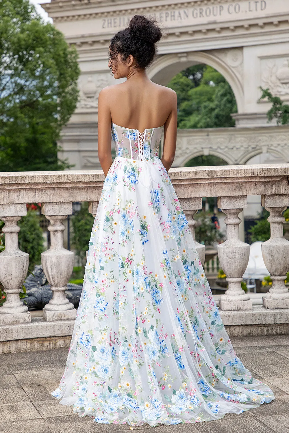White Blue Flower A Line Sweetheart Corset Long Prom Dress with Slit sold by Zapaka product image thumbnail 2