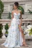 White Blue Flower A Line Sweetheart Corset Long Prom Dress with Slit sold by Zapaka